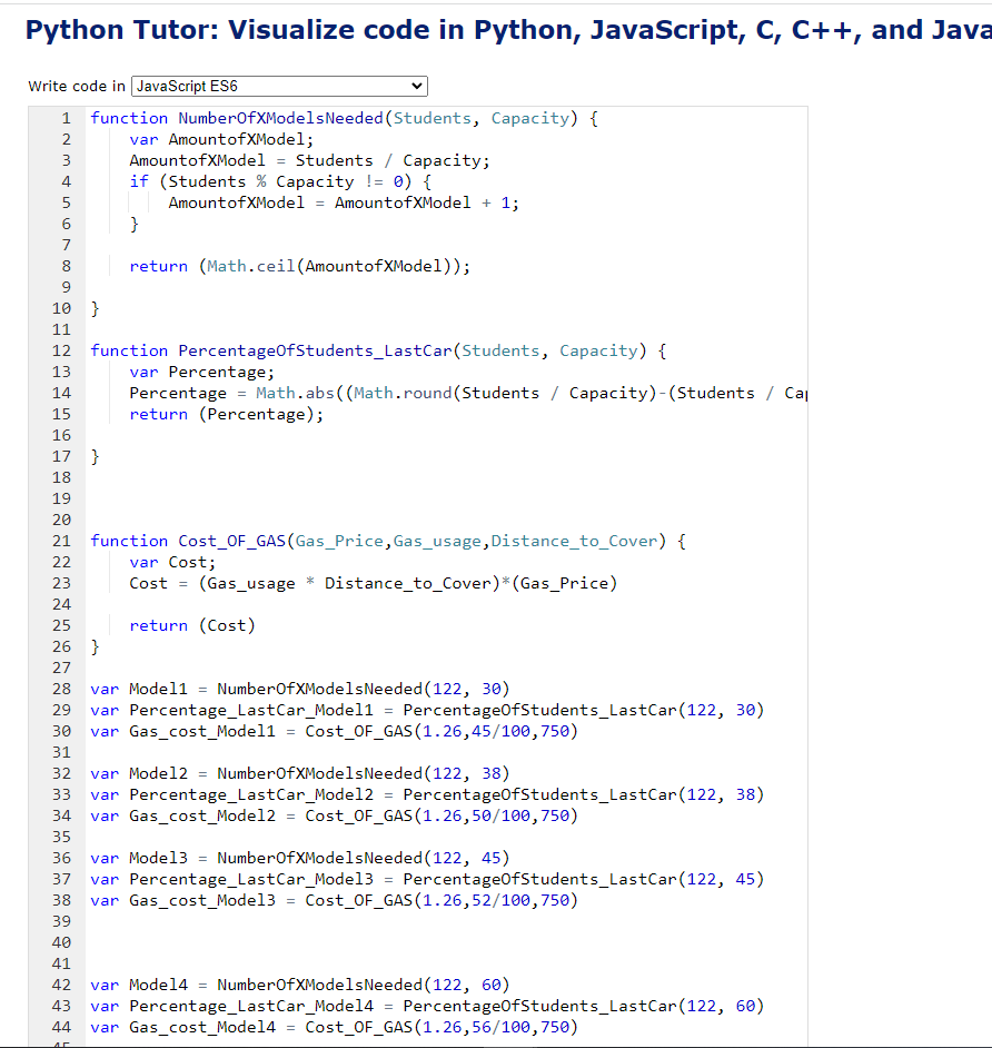 A picture of a website named python tutor showing several functions created in JavaScript.
